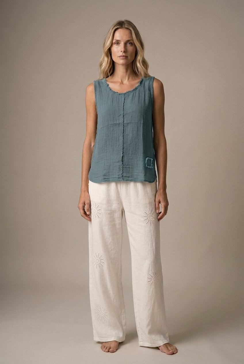 LA VELINO — Sleeveless Linen Top — Petrol — front