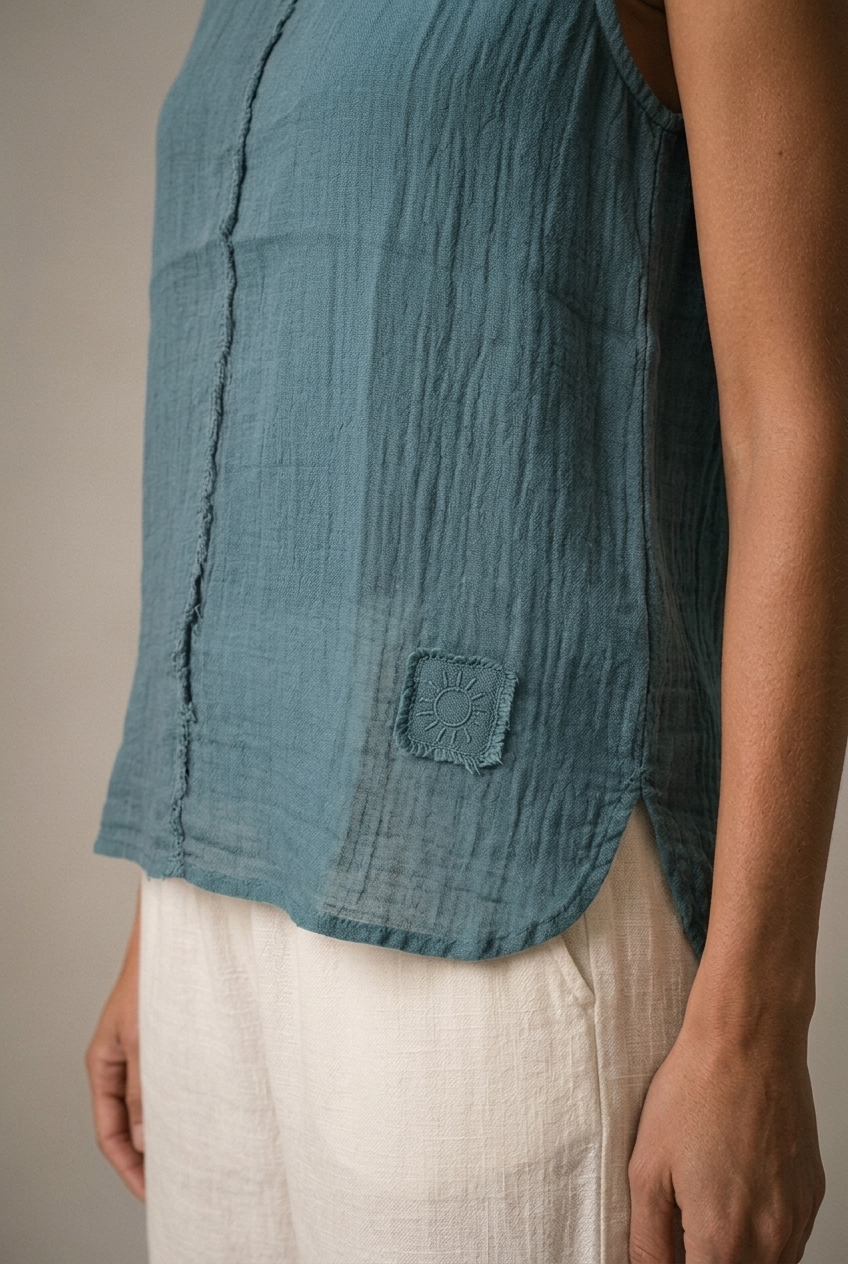 LA VELINO — Sleeveless Linen Top — Petrol — detail
