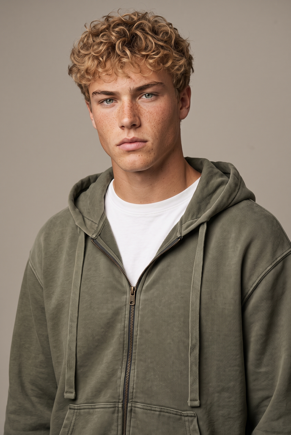 Amorgos Zip Hoodie — Stone Khaki — portrait