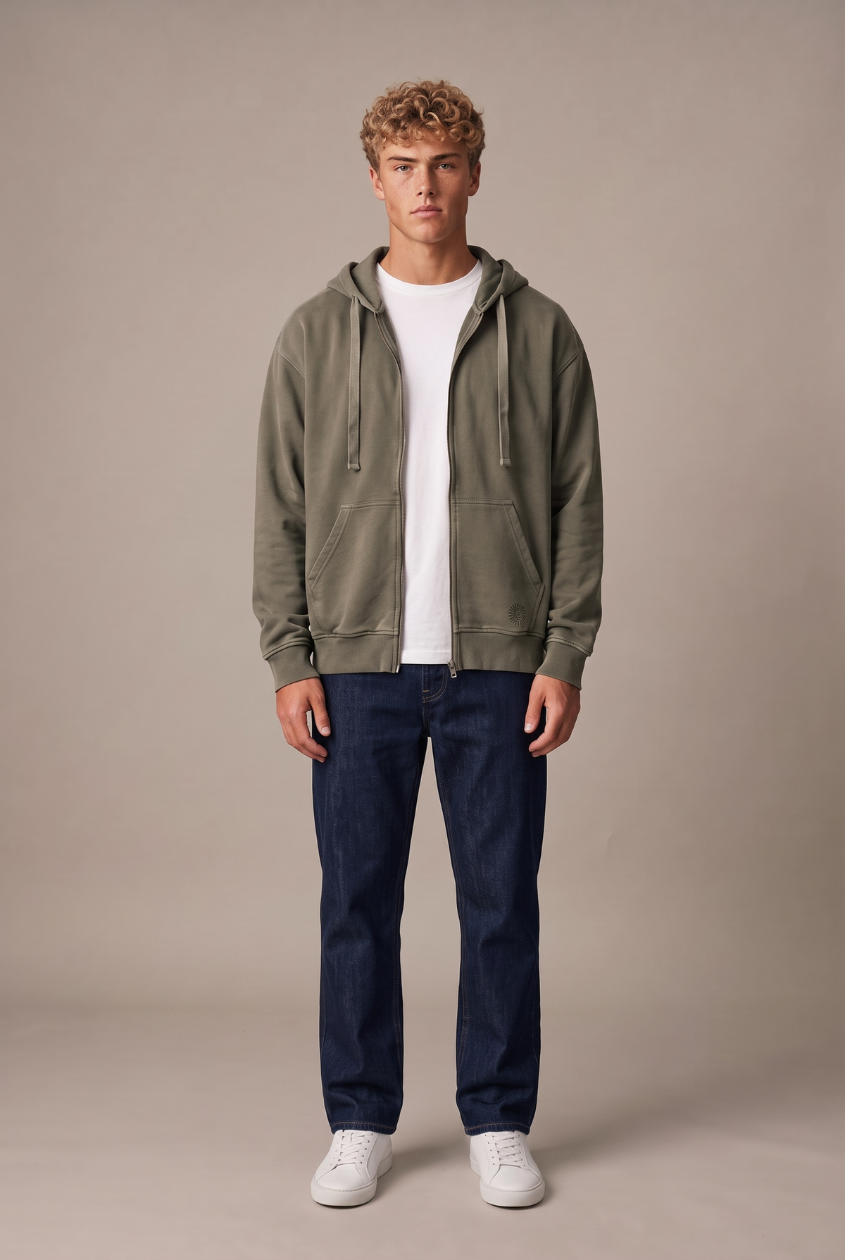 Amorgos Zip Hoodie — Stone Khaki — front