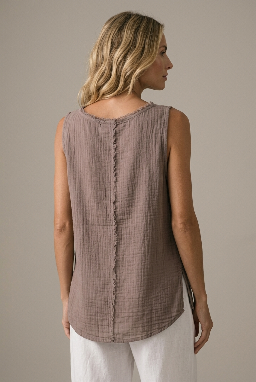 LA VELINO — Sleeveless Linen Top — Brown — back