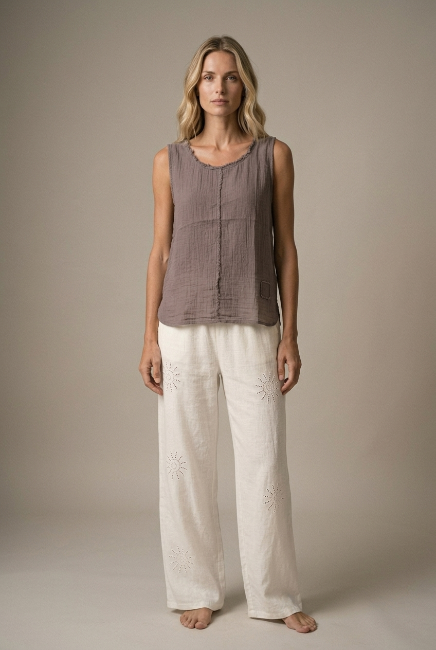 LA VELINO — Sleeveless Linen Top — Brown — front