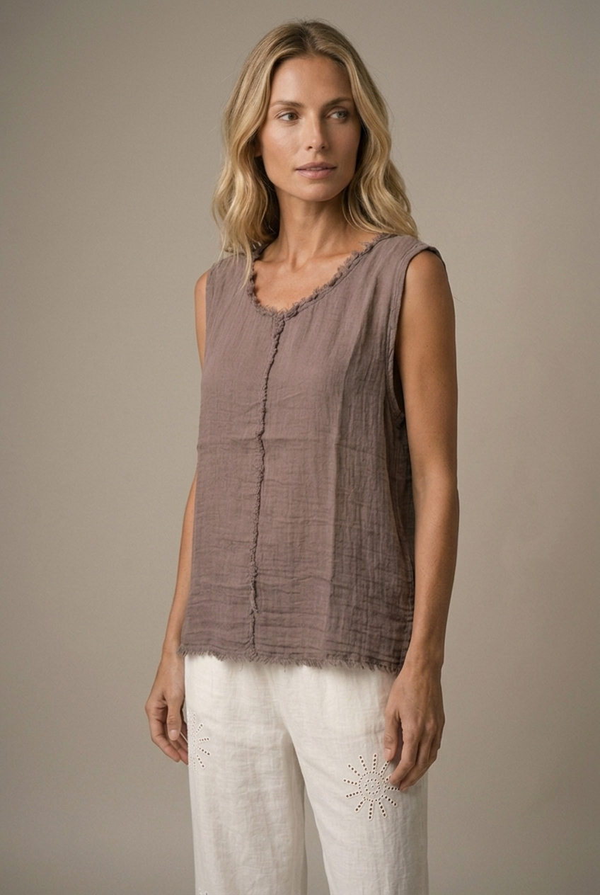 LA VELINO — Sleeveless Linen Top — Brown — portrait