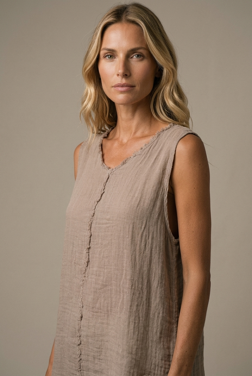LA VELINO — Sleeveless Linen Top — Beige — portrait