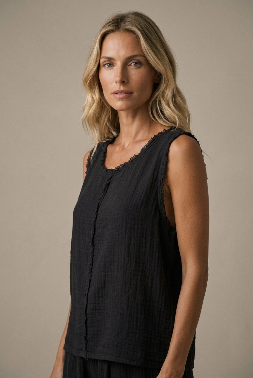 LA VELINO — Sleeveless Linen Top — Black — portrait