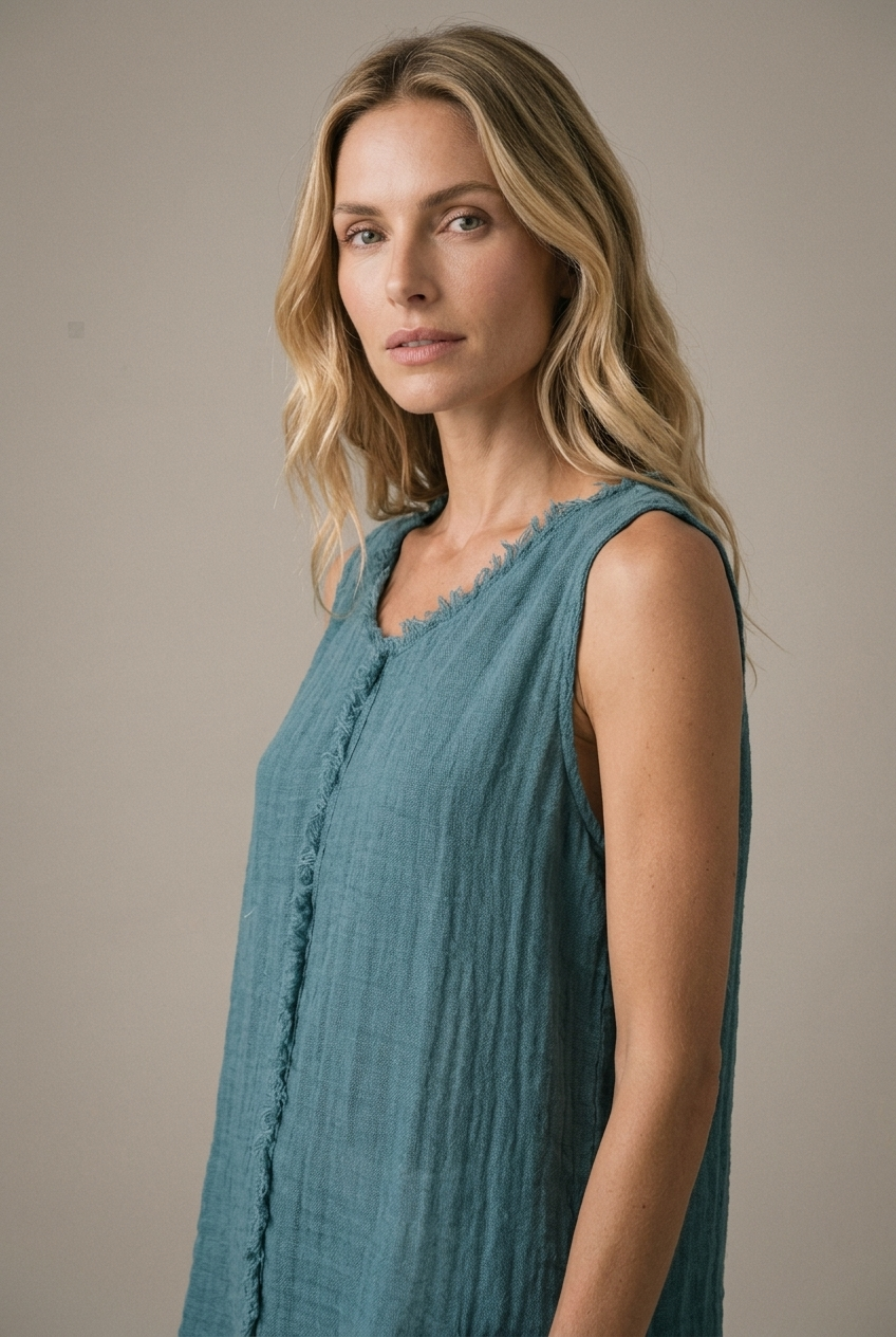 LA VELINO — Sleeveless Linen Top — Petrol — portrait