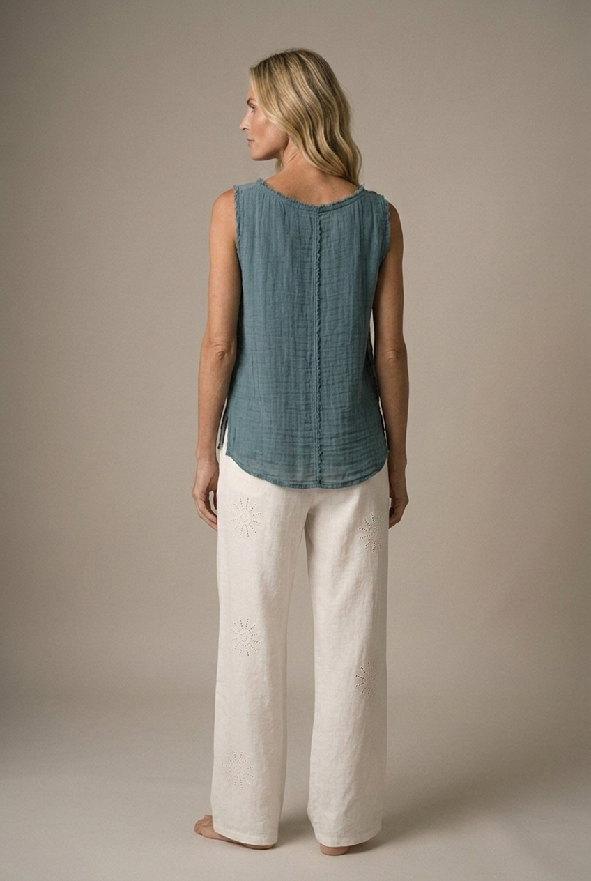 LA VELINO — Sleeveless Linen Top — Petrol — back