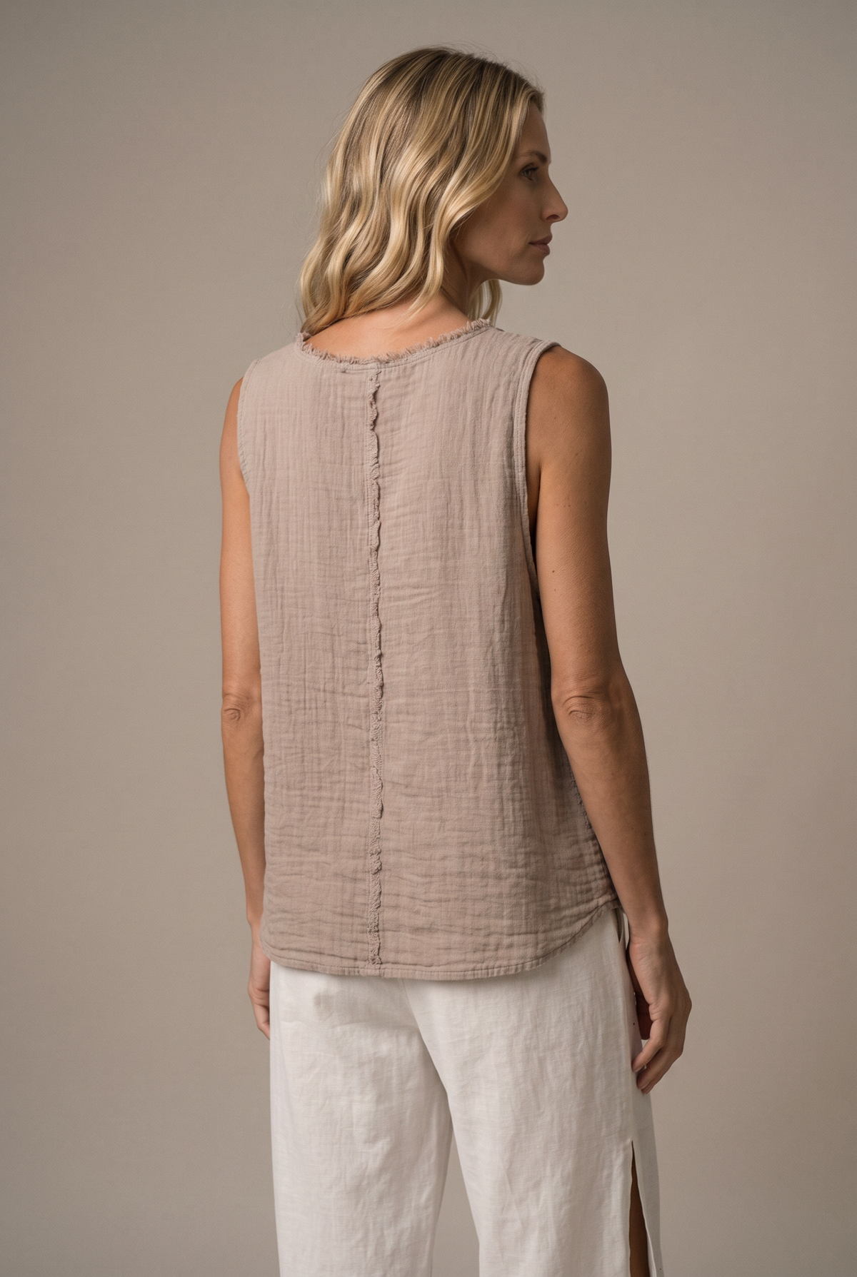 LA VELINO — Sleeveless Linen Top — Beige — back